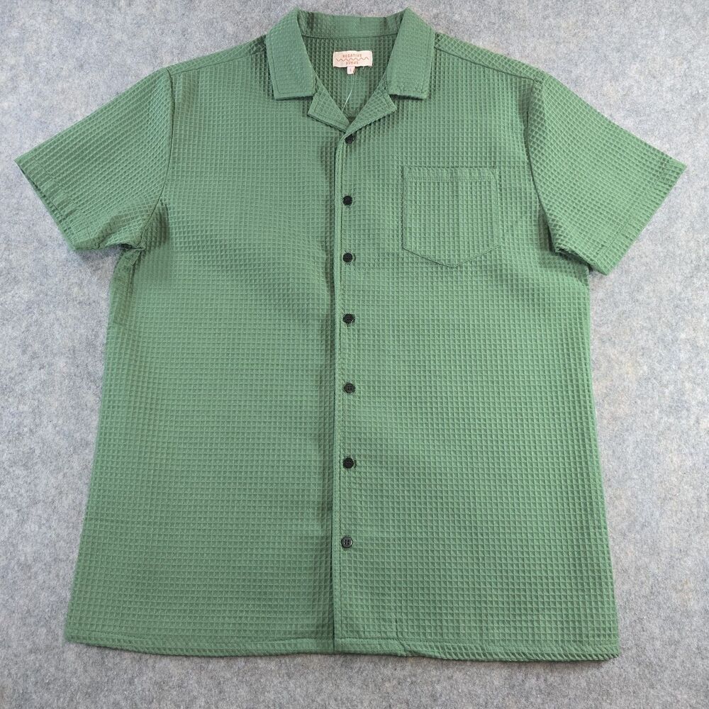 NWOT Negative Space Mens Sz Large Green Waffle Knit Button Up Short Sleeve Shirt